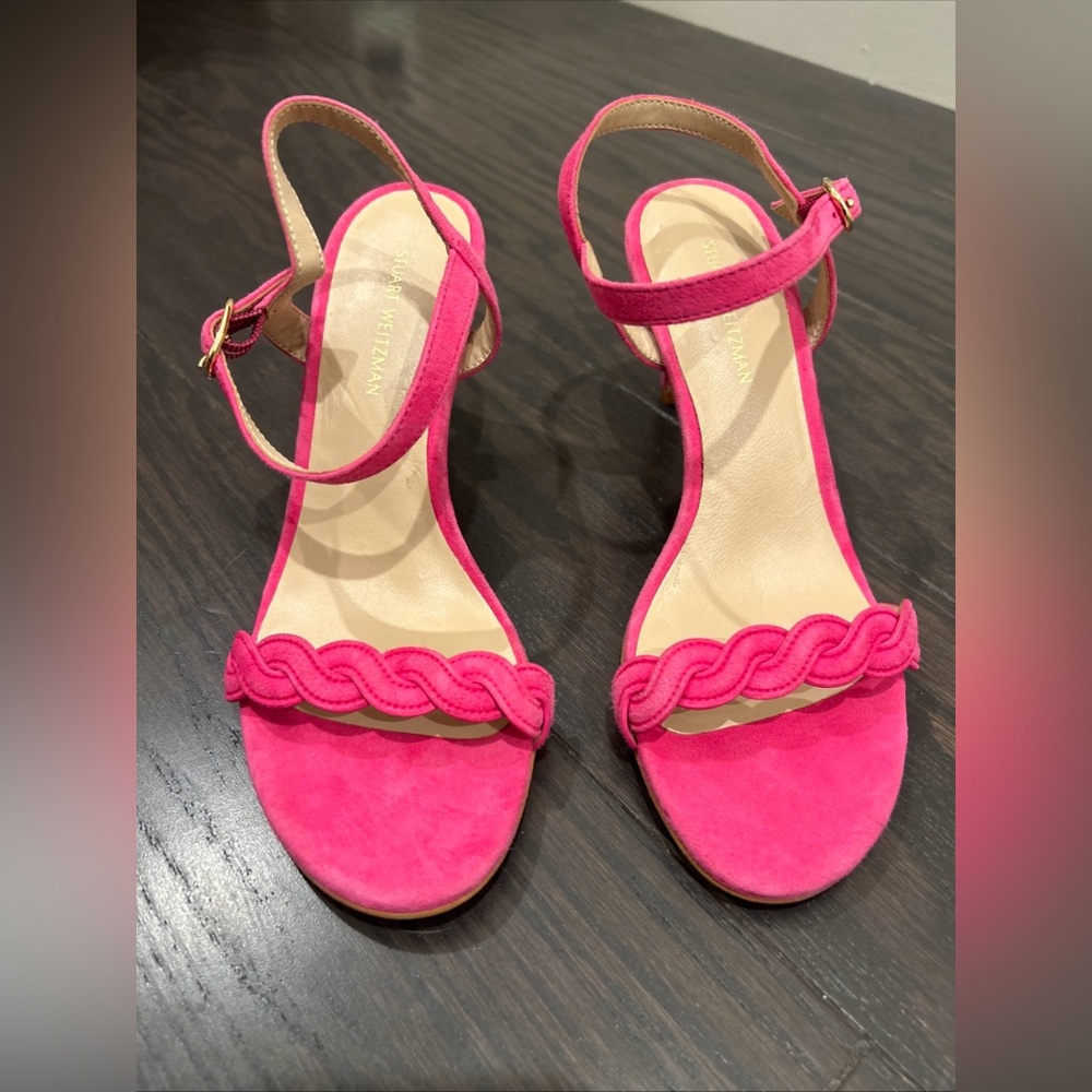 Stuart Weitzman Dancer Twistie SANDALS Heels Size 5 Peonia Pink Suede NEW $450